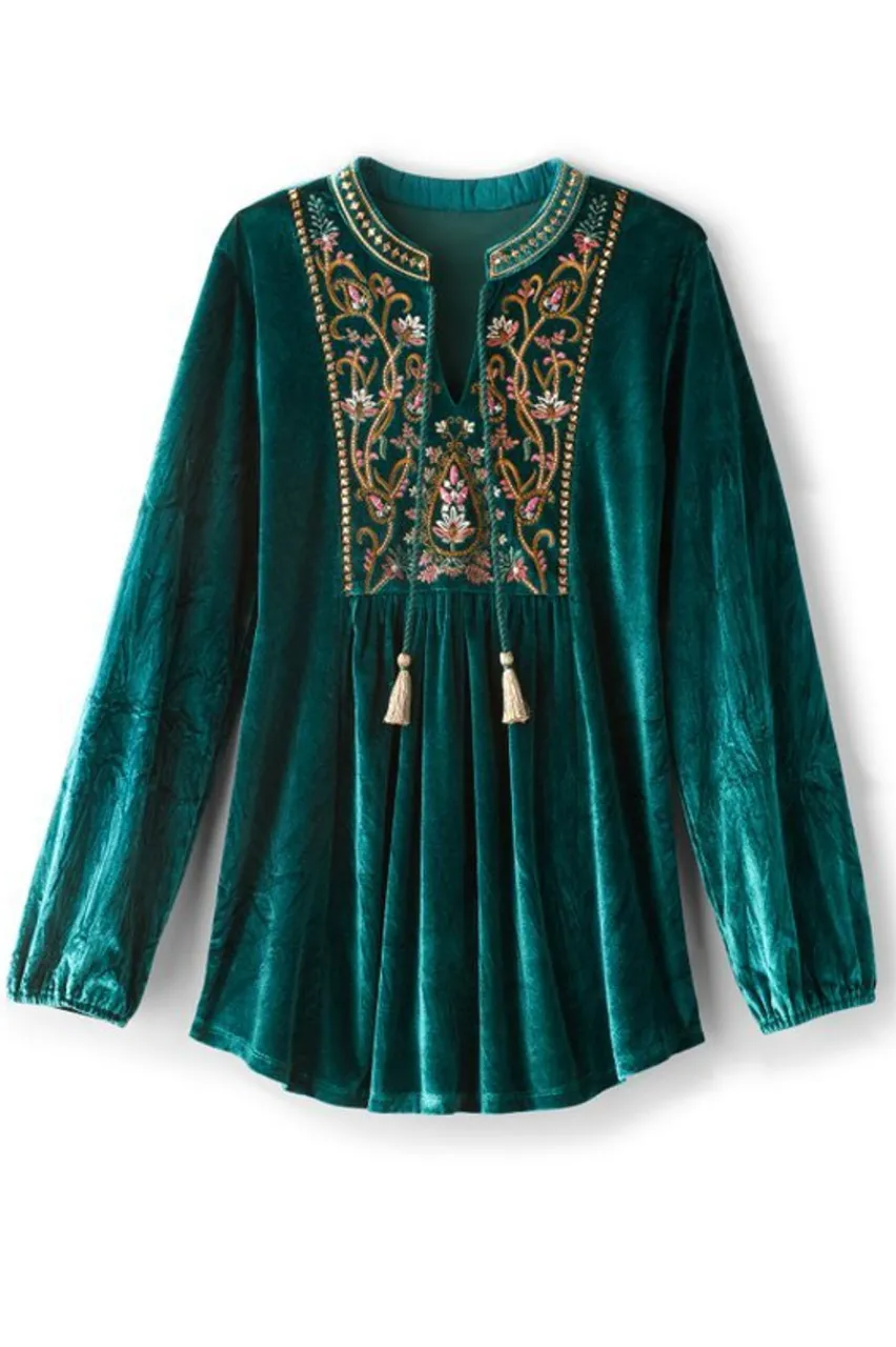 New Ashanti Embellished Velvet Tunic Tops