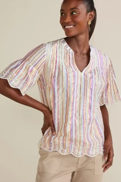 Ciel Metallic Stripe Eyelet Top Tops
