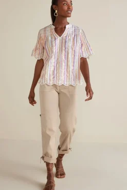 Ciel Metallic Stripe Eyelet Top Tops