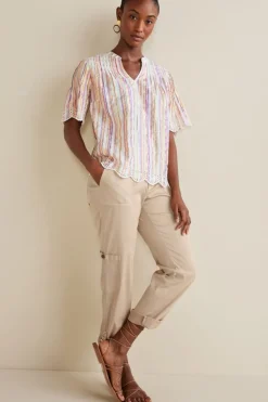 Ciel Metallic Stripe Eyelet Top Tops