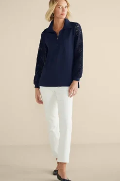 Discount Crochet Sleeve French Terry Tunic Tops