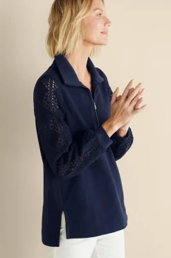 Discount Crochet Sleeve French Terry Tunic Tops