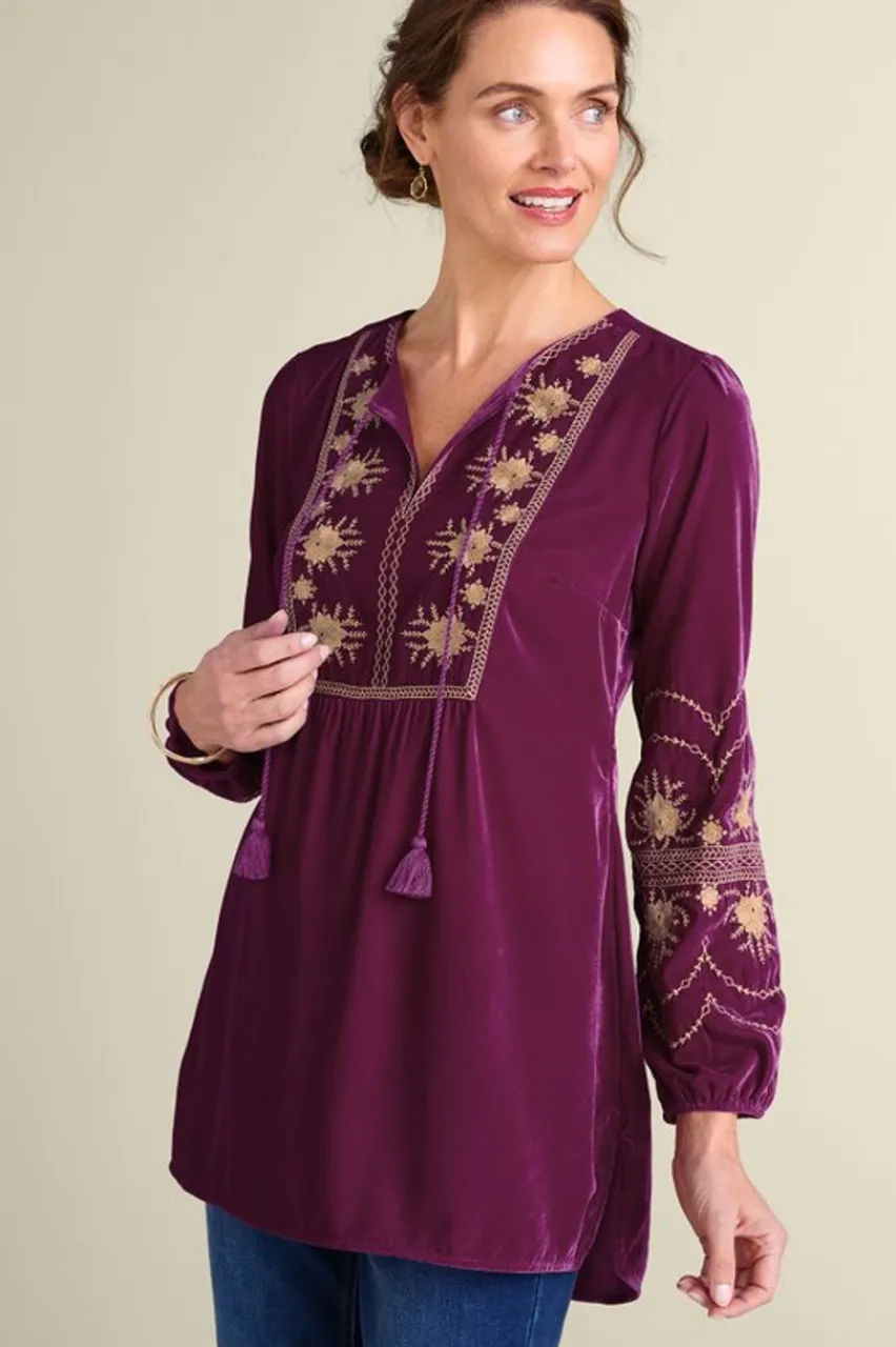 Online Evelyne Embroidered Velvet Tunic Tops