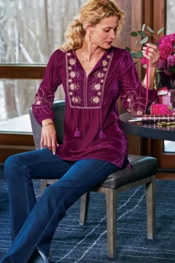 Online Evelyne Embroidered Velvet Tunic Tops