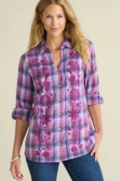 Gracie Embroidered Plaid Big Shirt Tops