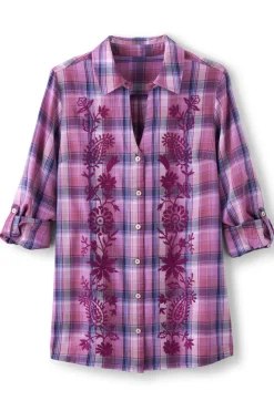 Gracie Embroidered Plaid Big Shirt Tops