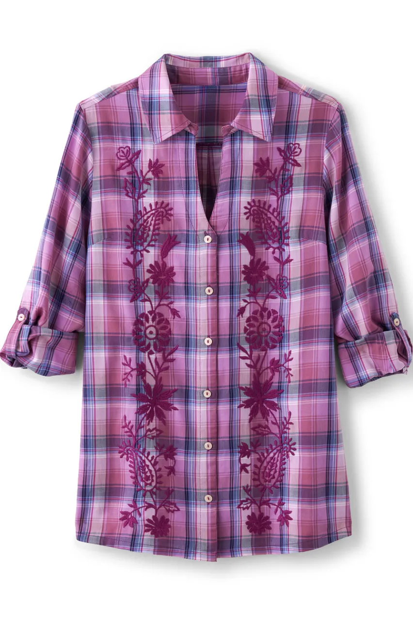 Gracie Embroidered Plaid Big Shirt Tops