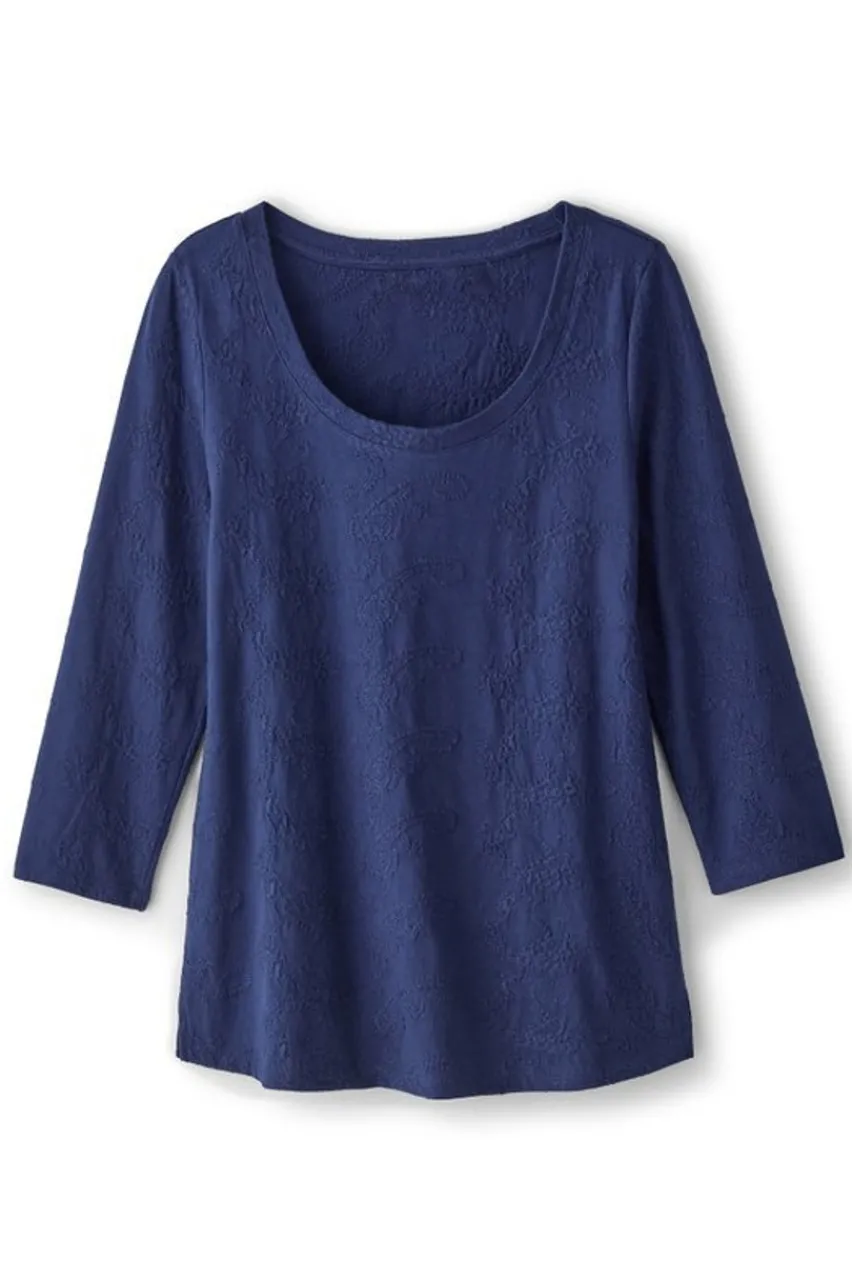 New Linnea Embroidered 3/4 Sleeve Tee Tops