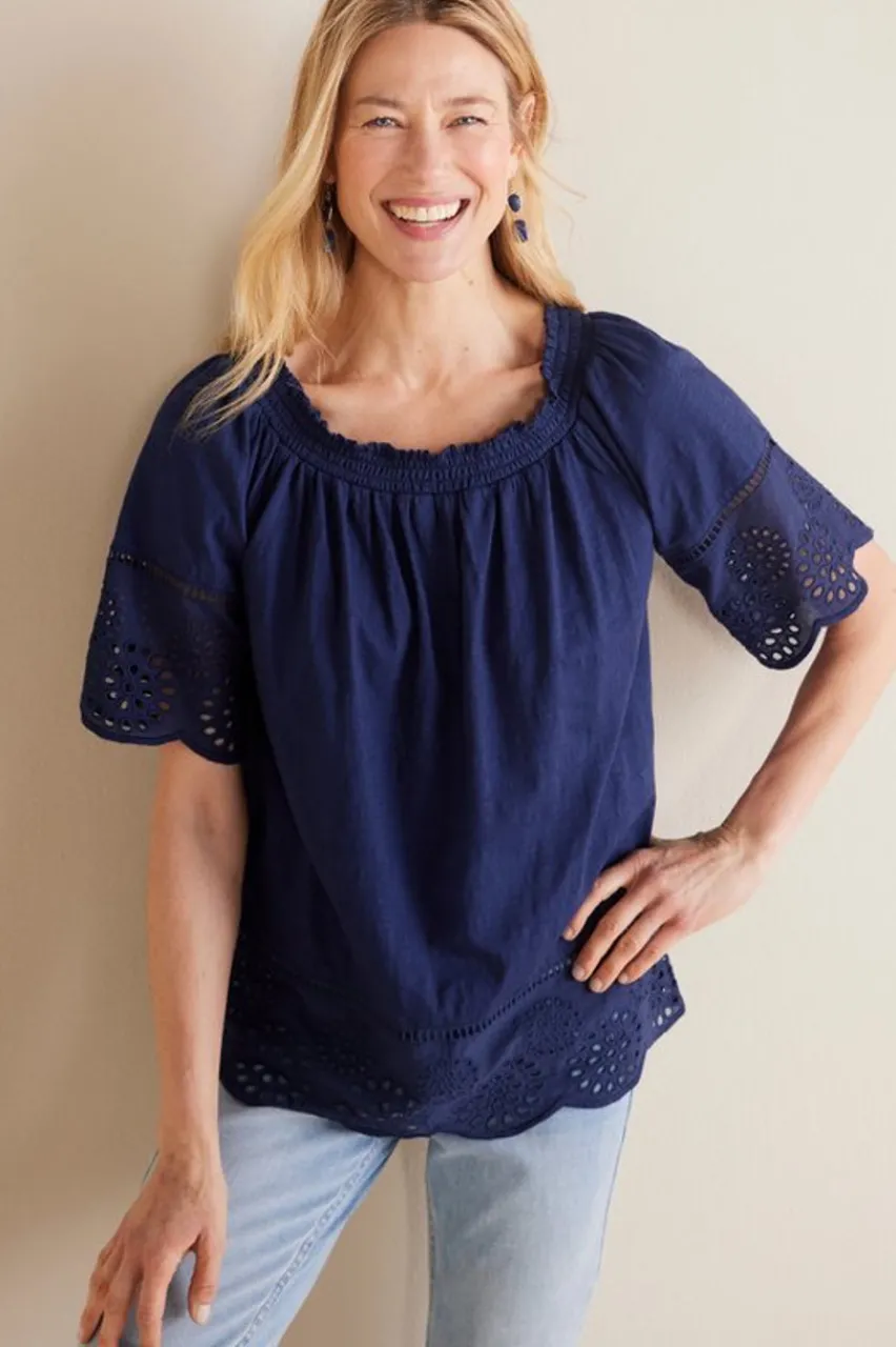 Rahma Eyelet Trimmed Tee Tops