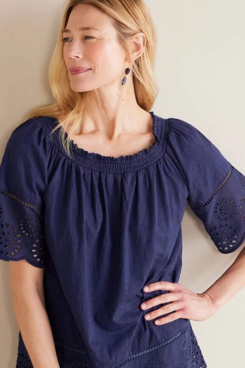 Rahma Eyelet Trimmed Tee Tops